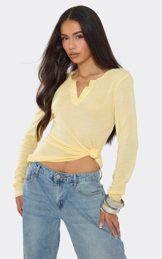 EGO Long Sleeve Button Up Knot Tie Detail Top In Lemon Sheer, Women's Size UK 6 - 2