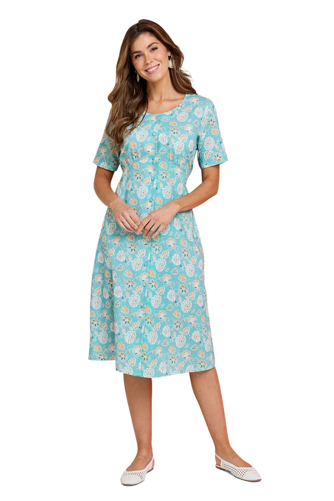 Amber Amber Women's Linen Mix Print Tea Dress in Light Blue