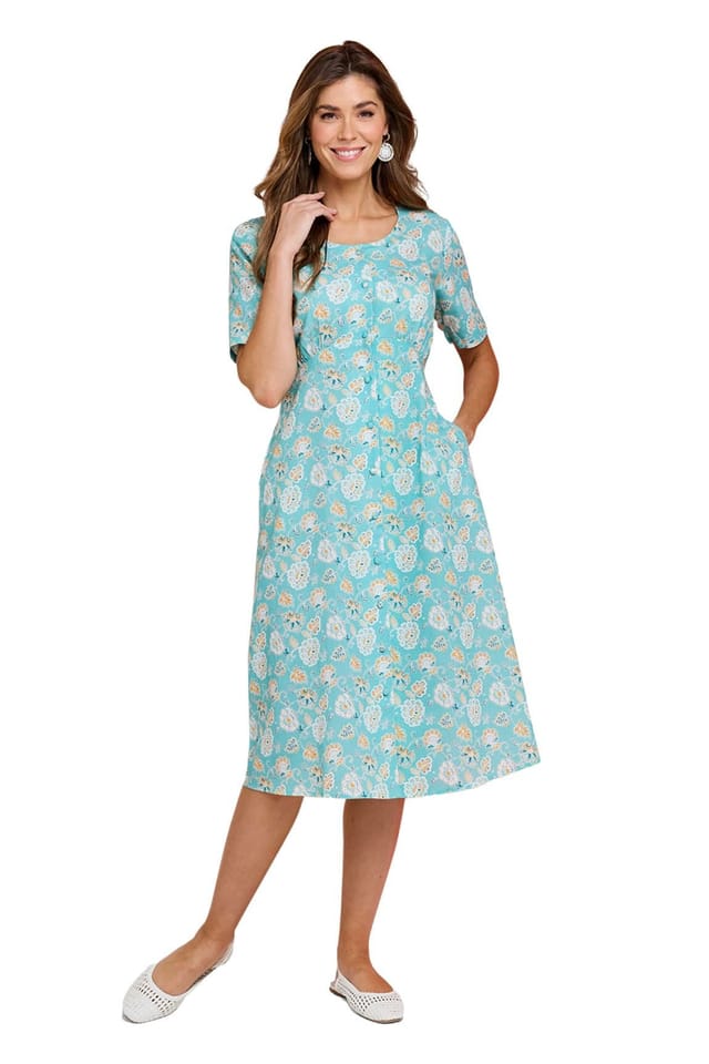 Amber Amber Women's Linen Mix Print Tea Dress in Light Blue - 3
