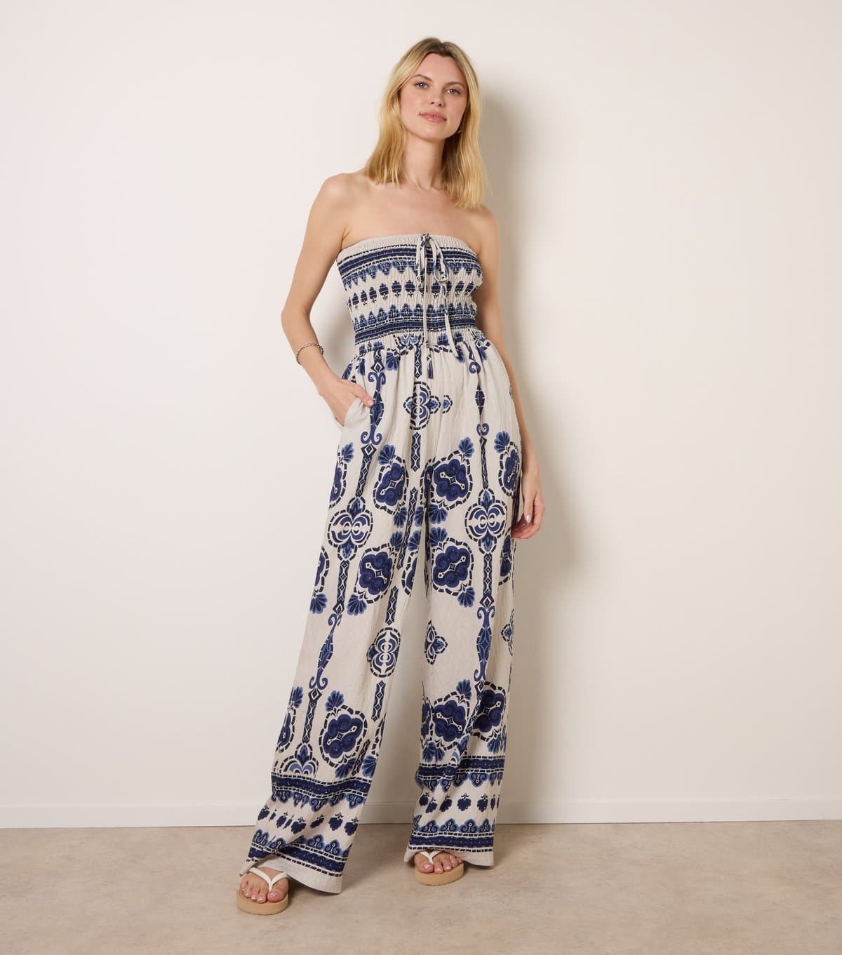 Blue Vanilla Women's Navy Floral Print Diamante Bandeau Jumpsuit Blue Vanilla New Look