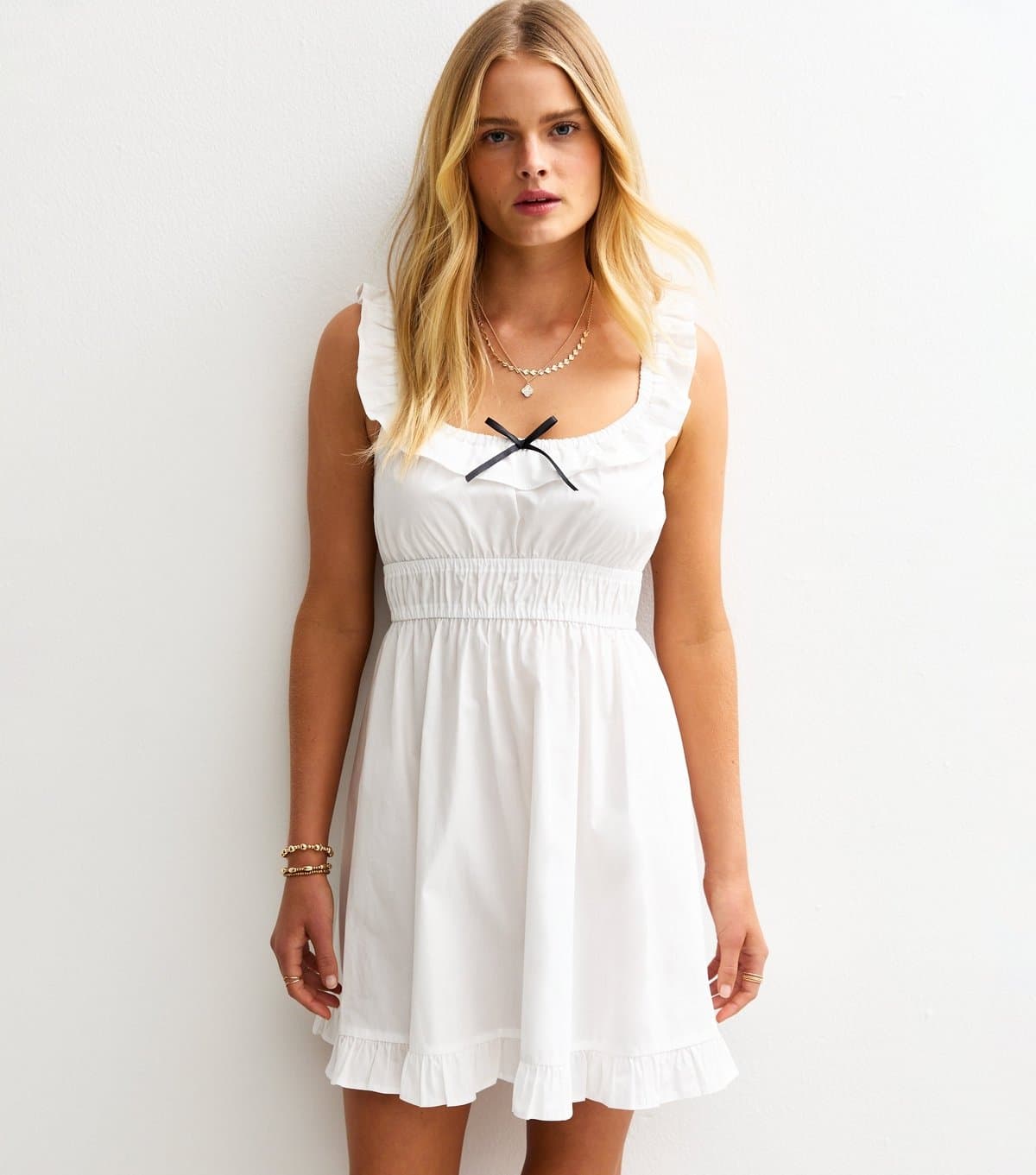 New Look Women's White Ruffle Bow Front Micro Mini Dress New Look