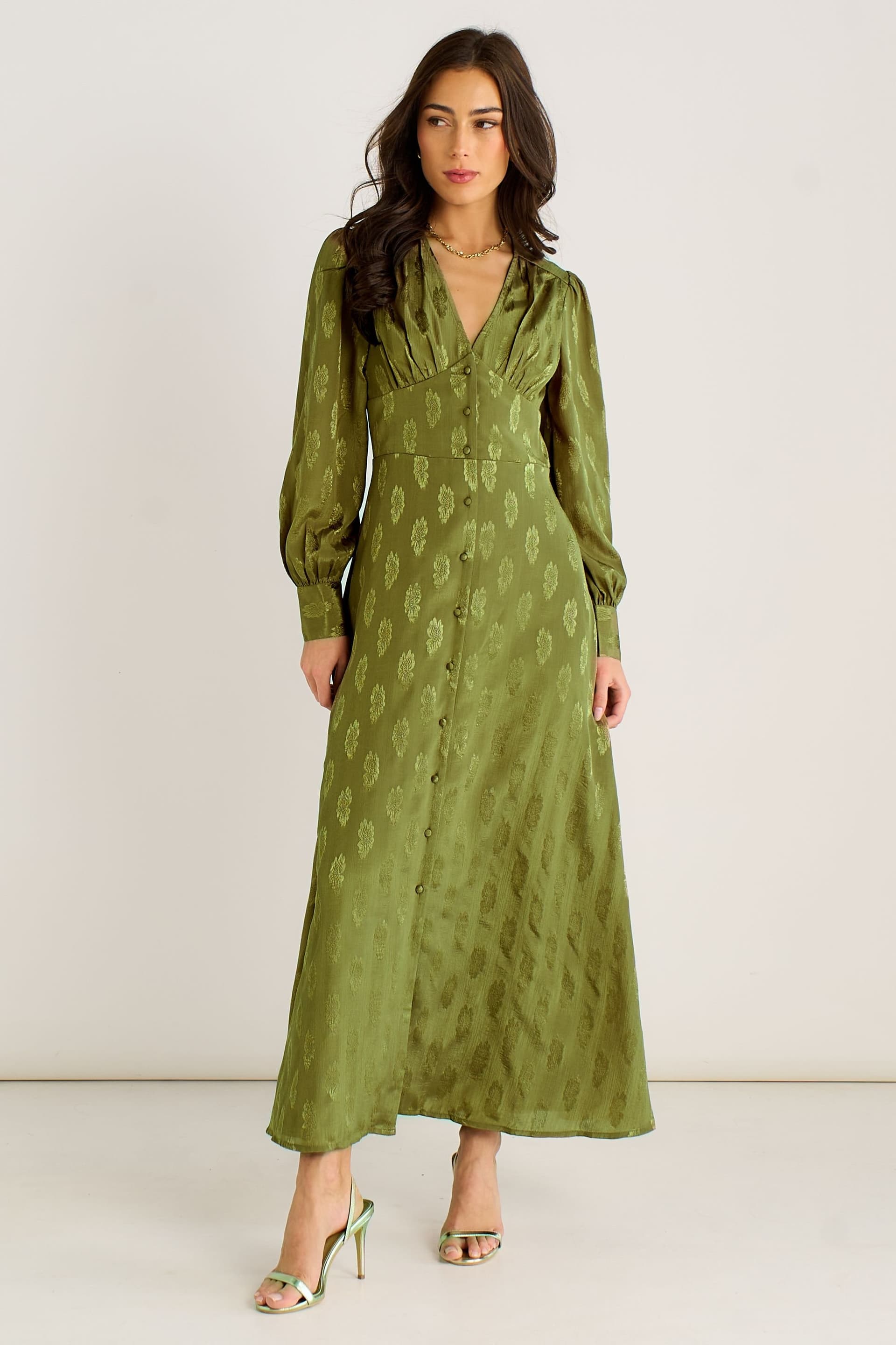 Gini London Gini London Women's Green LS Floral Satin Jacquard Maxi Dress