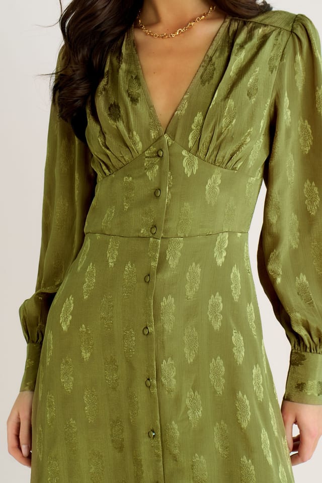 Gini London Gini London Women's Green LS Floral Satin Jacquard Maxi Dress - 2
