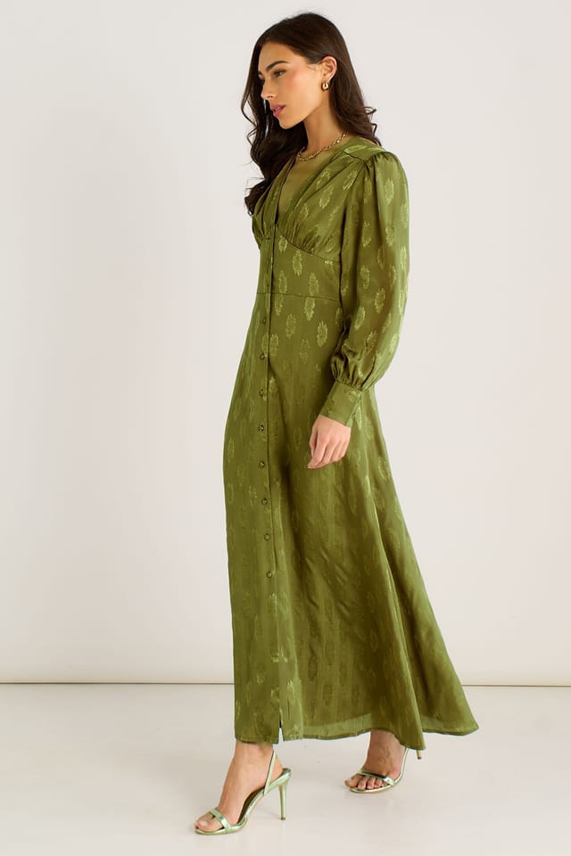 Gini London Gini London Women's Green LS Floral Satin Jacquard Maxi Dress - 3