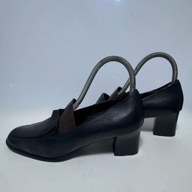 Clarks Vintage Clarks Square Toe Heeled Loafers - Black Leather