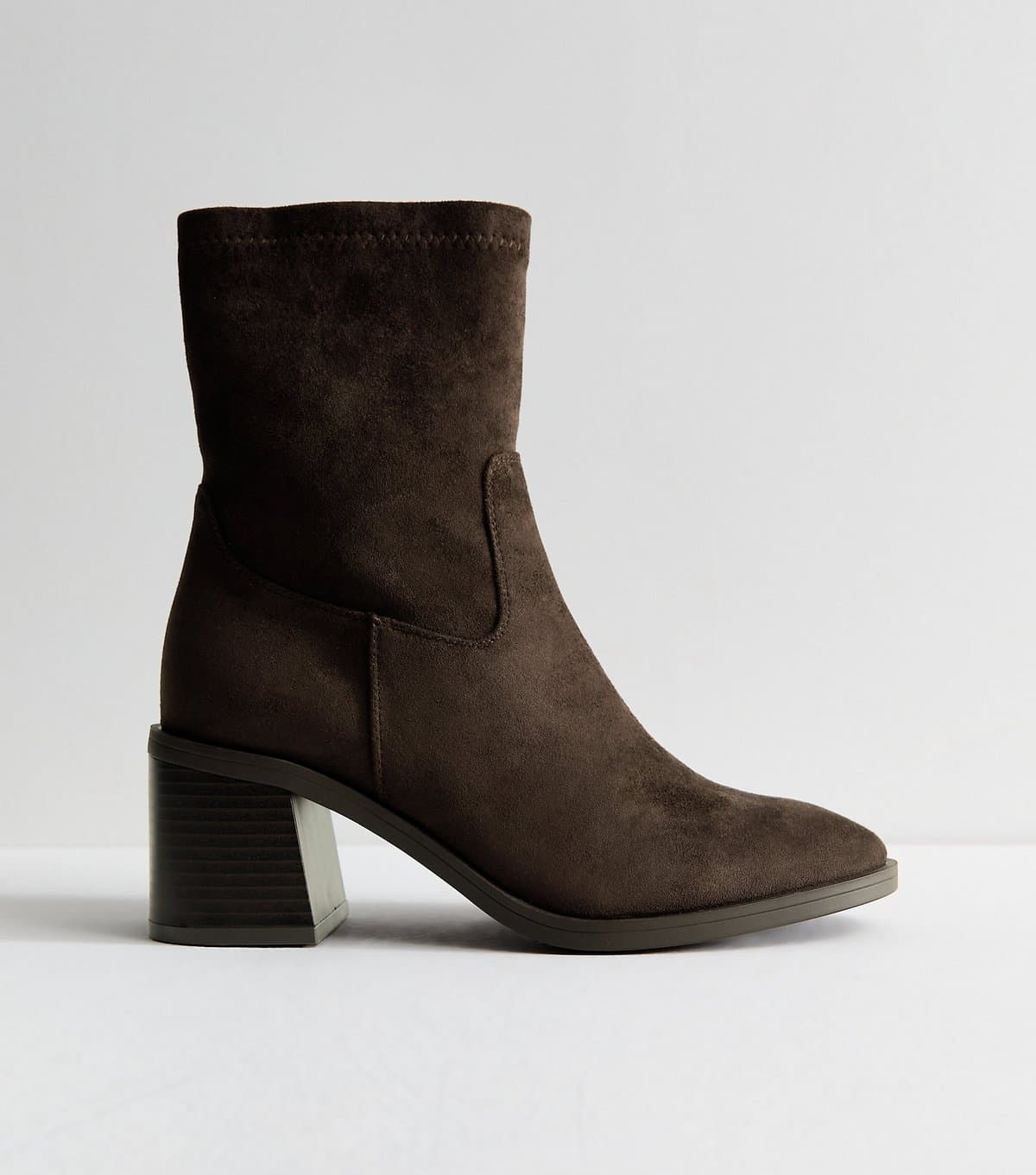 New Look Women's Wide Fit Dark Brown Faux Suede Stacked Heel Sock Ankle Boots Vegan New Look