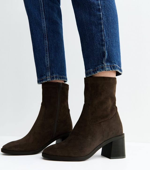 New Look Women's Wide Fit Dark Brown Faux Suede Stacked Heel Sock Ankle Boots Vegan New Look - 2
