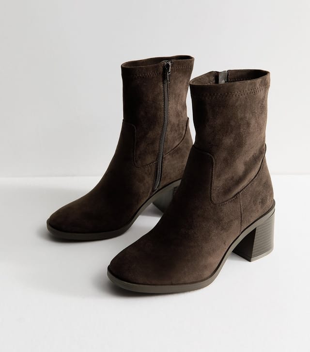 New Look Women's Wide Fit Dark Brown Faux Suede Stacked Heel Sock Ankle Boots Vegan New Look - 3
