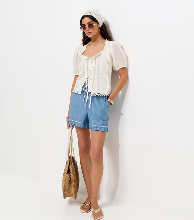 New Look Women's Blue Chambray Frilly Trim Shorts New Look - 3