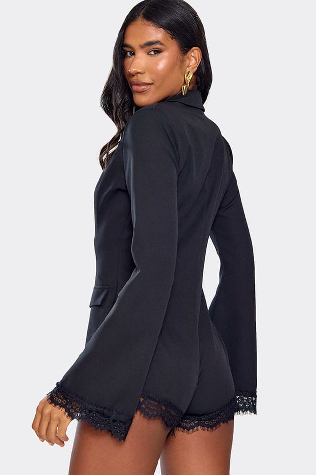 EGO EGO Women's Blazer Style Long Sleeve Plunging Neckline Lace Trim Playsuit in Black - 2
