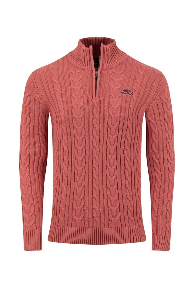 Weird Fish Weird Fish Men's Heath 1/4 Zip Cable Knit Jumper in Light Red - 2
