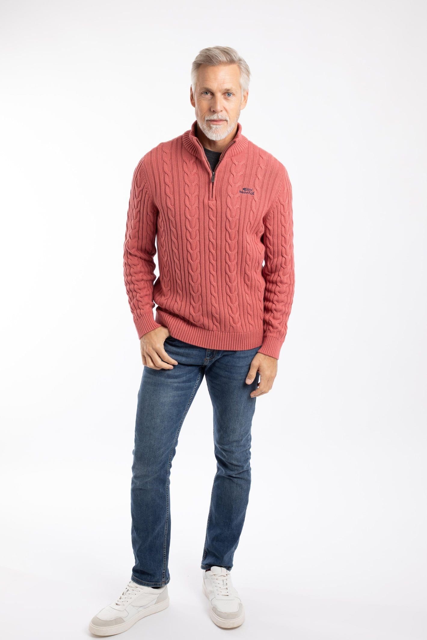 Weird Fish Weird Fish Men's Heath 1/4 Zip Cable Knit Jumper in Light Red - 4