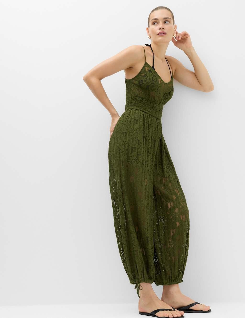 Marks & Spencer M&S Cotton Rich Lace Balloon Jumpsuit Fern Green - 1