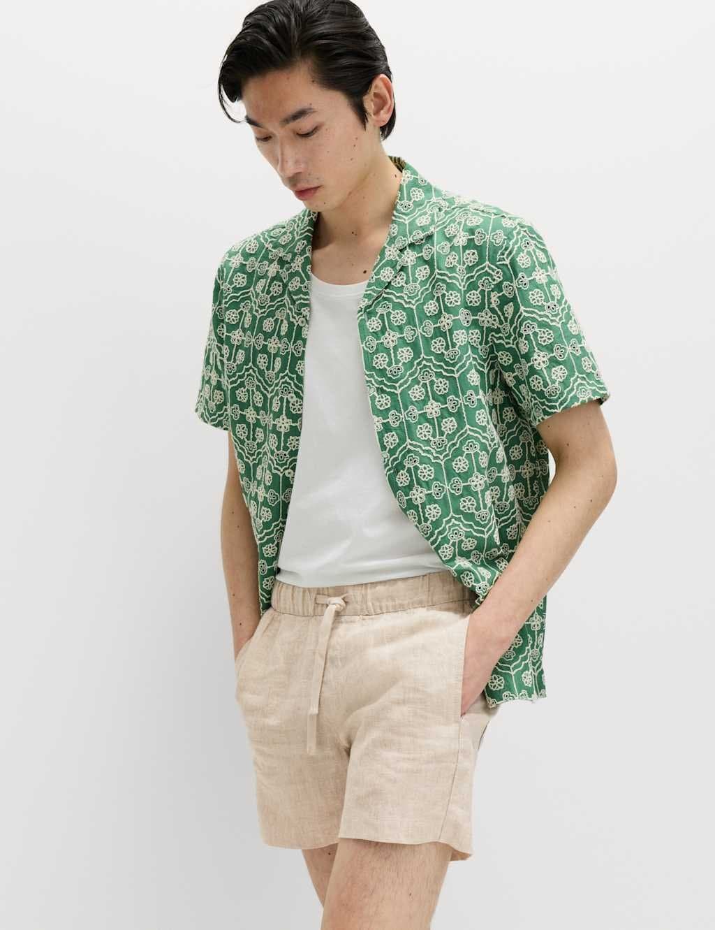 Marks & Spencer M&S Pure Cotton Embroidered Short Sleeve Shirt Emerald