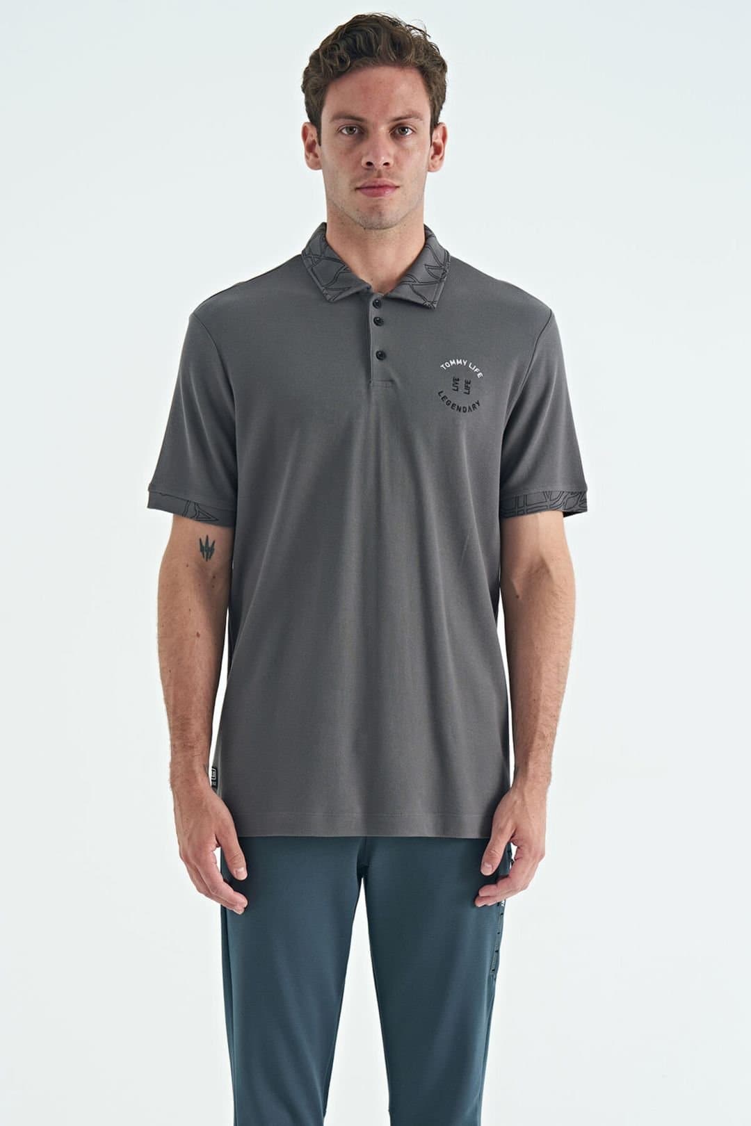 Tommy Life Tommy Life Men's Cotton Polo Shirt With Button Placket in Charcoal