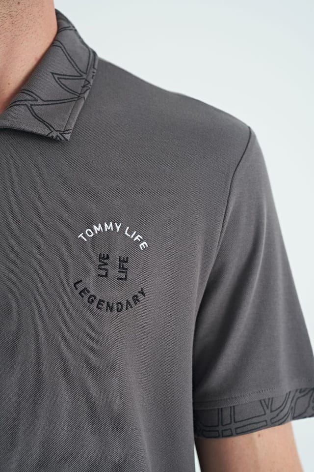 Tommy Life Tommy Life Men's Cotton Polo Shirt With Button Placket in Charcoal - 3