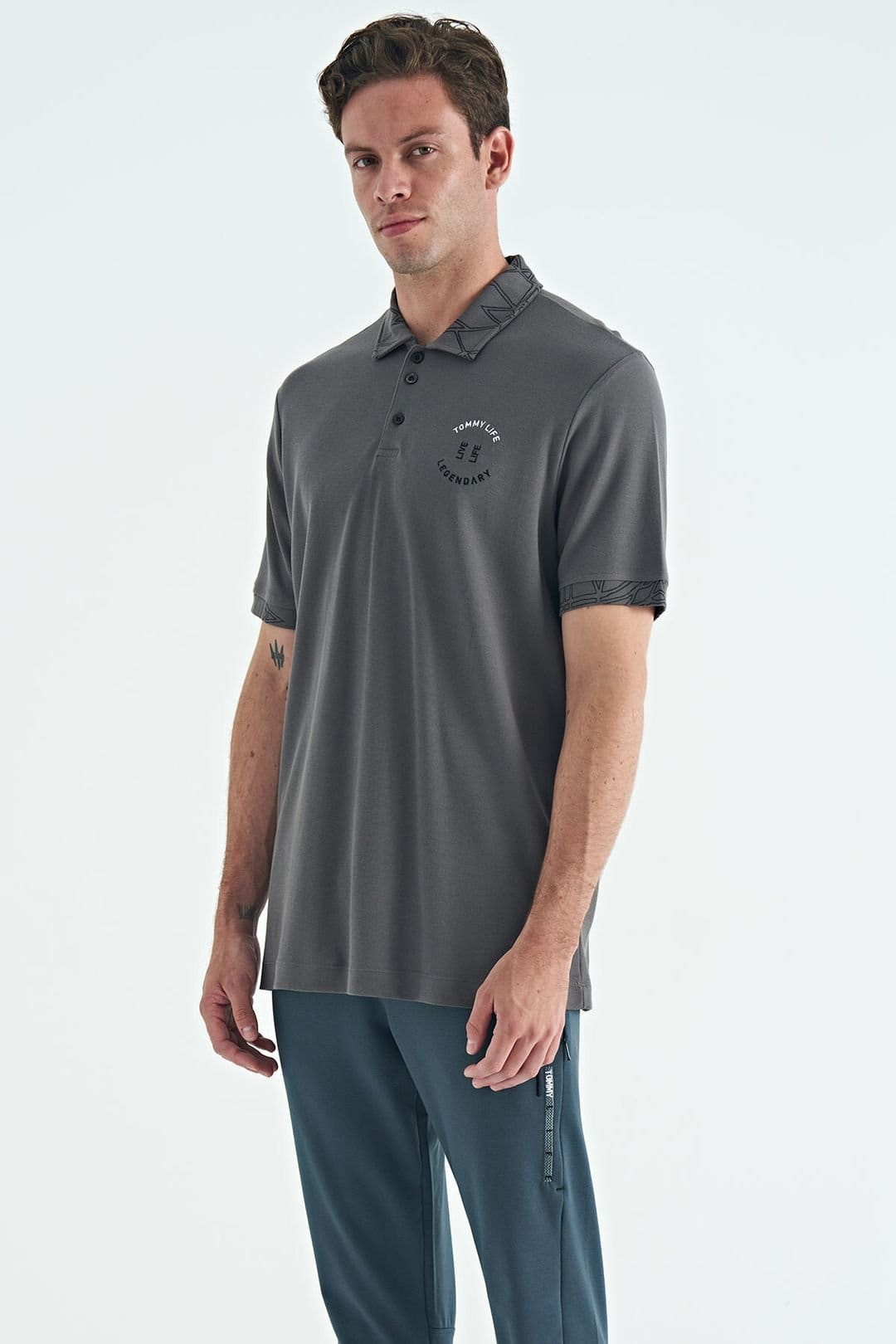 Tommy Life Tommy Life Men's Cotton Polo Shirt With Button Placket in Charcoal - 4