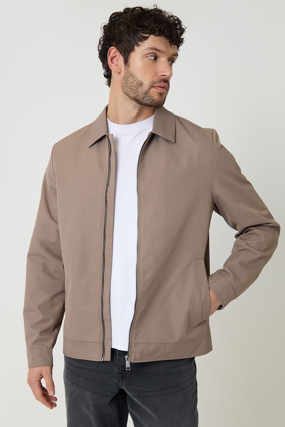 Threadbare Threadbare Men's Showerproof Lightweight Zip Through Jacket in Taupe