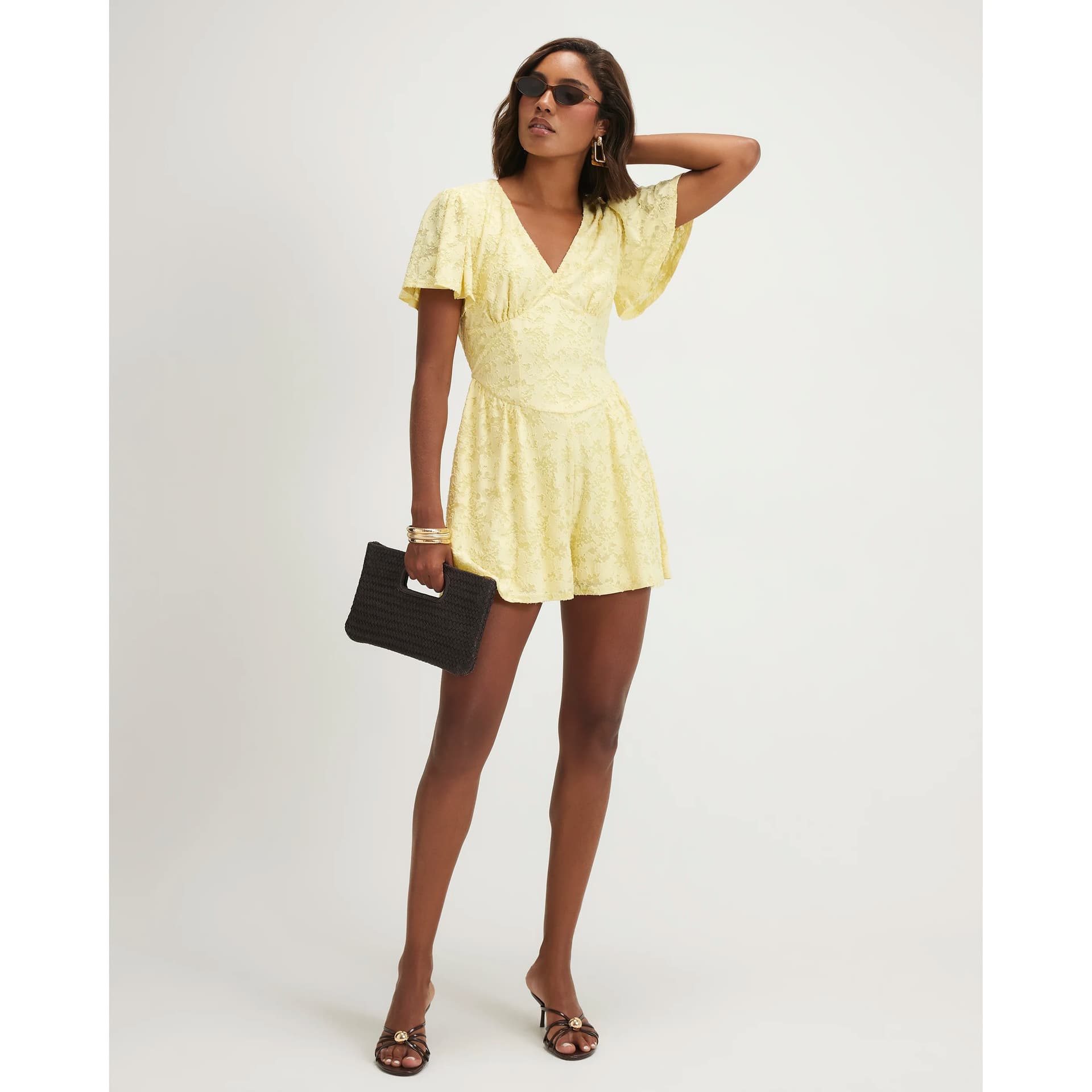 River Island River Island Womens Yellow Short Sleeve Floral Burnout Playsuit