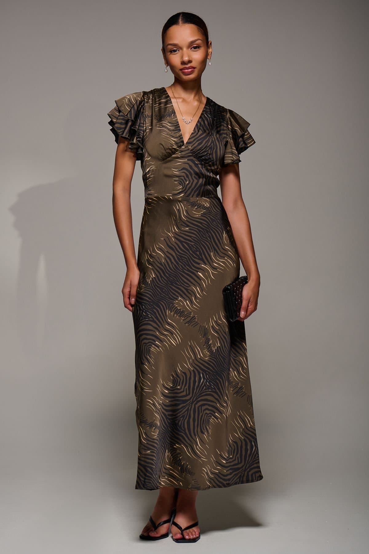 Jolie Moi Jolie Moi Women's Ruffle Sleeve Print Satin Maxi Dress in Brown