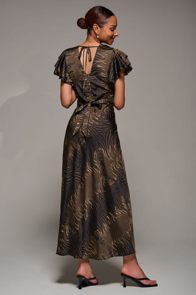 Jolie Moi Jolie Moi Women's Ruffle Sleeve Print Satin Maxi Dress in Brown - 2