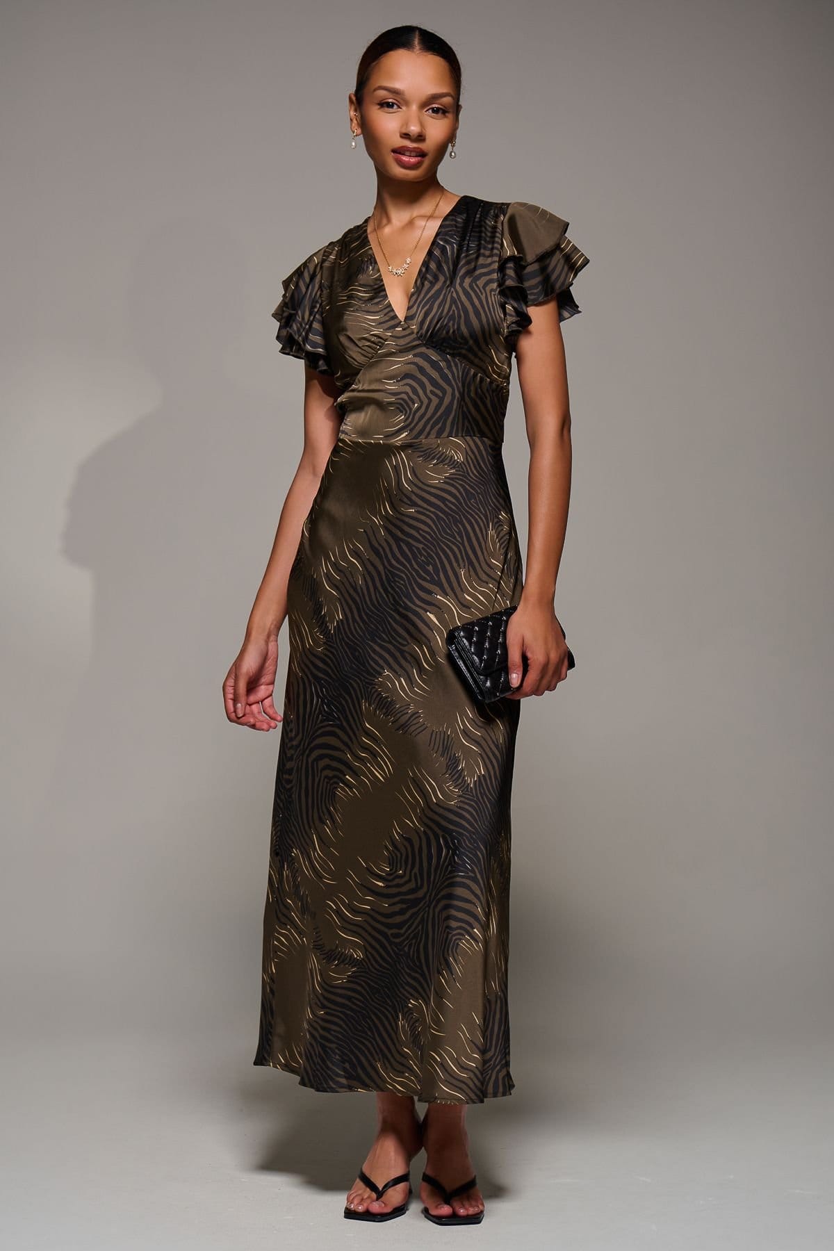 Jolie Moi Jolie Moi Women's Ruffle Sleeve Print Satin Maxi Dress in Brown - 4