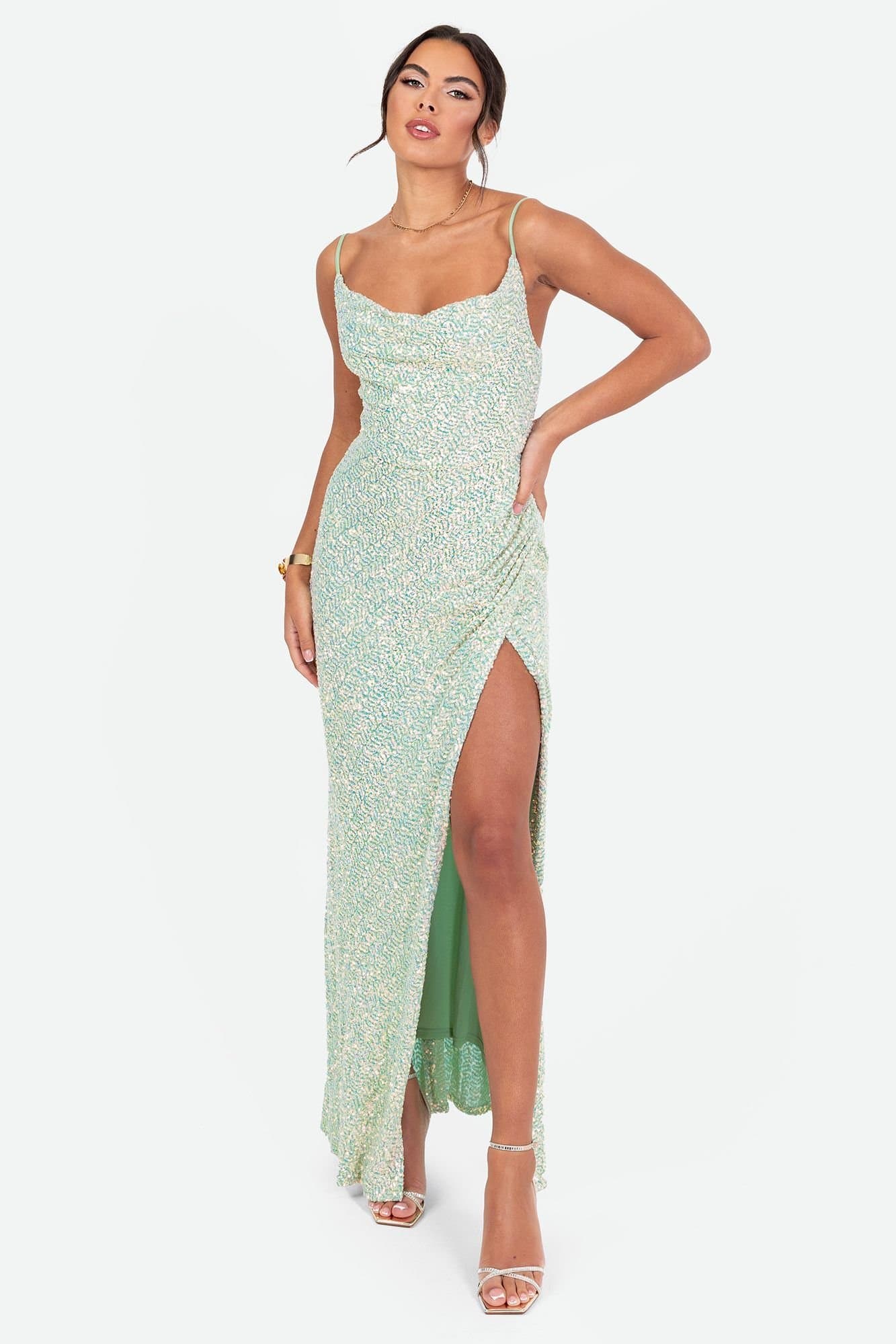 Maya Deluxe Maya Deluxe Women's Embellished Cami Cowl Neck Maxi Dress in Green