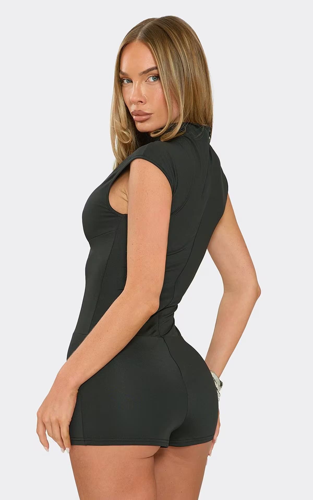 EGO Short Sleeve Hook And Eye Front Detail Micro Playsuit In Black, Women's Size UK 6