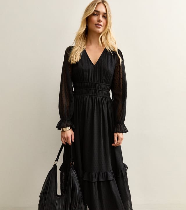 New Look Women's Black Dobby Ruched Waist Midi Dress New Look - 3