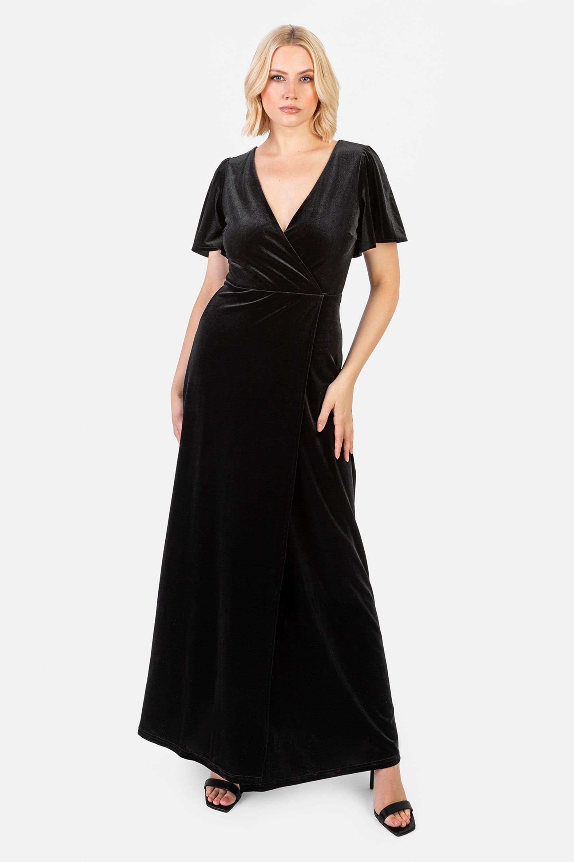 Maya Deluxe Maya Deluxe Black Velvet Faux Wrap Maxi Dress
