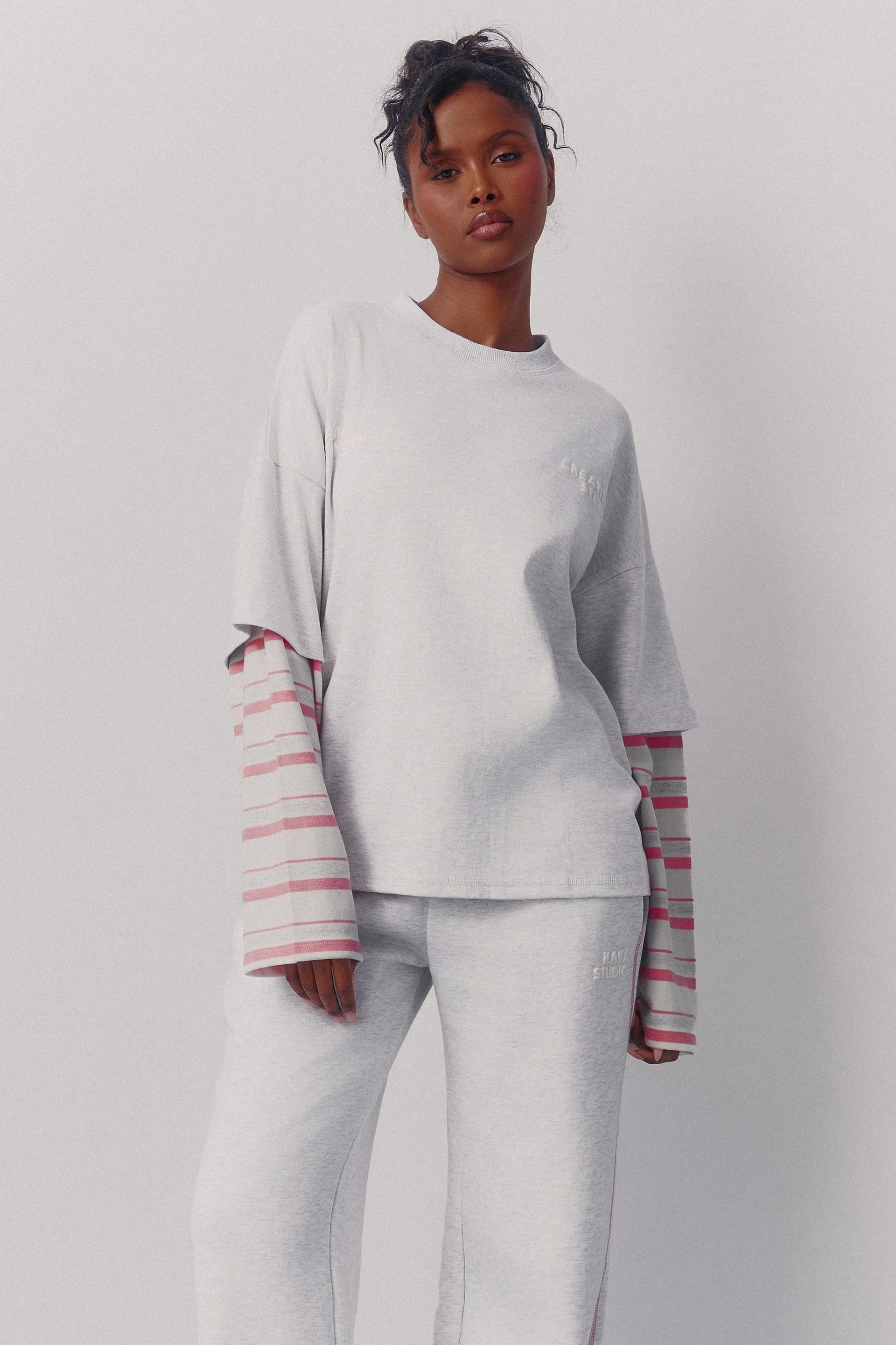 Kaiia Kaiia Double Layered Oversized T-shirt Light Grey Marl & Pink