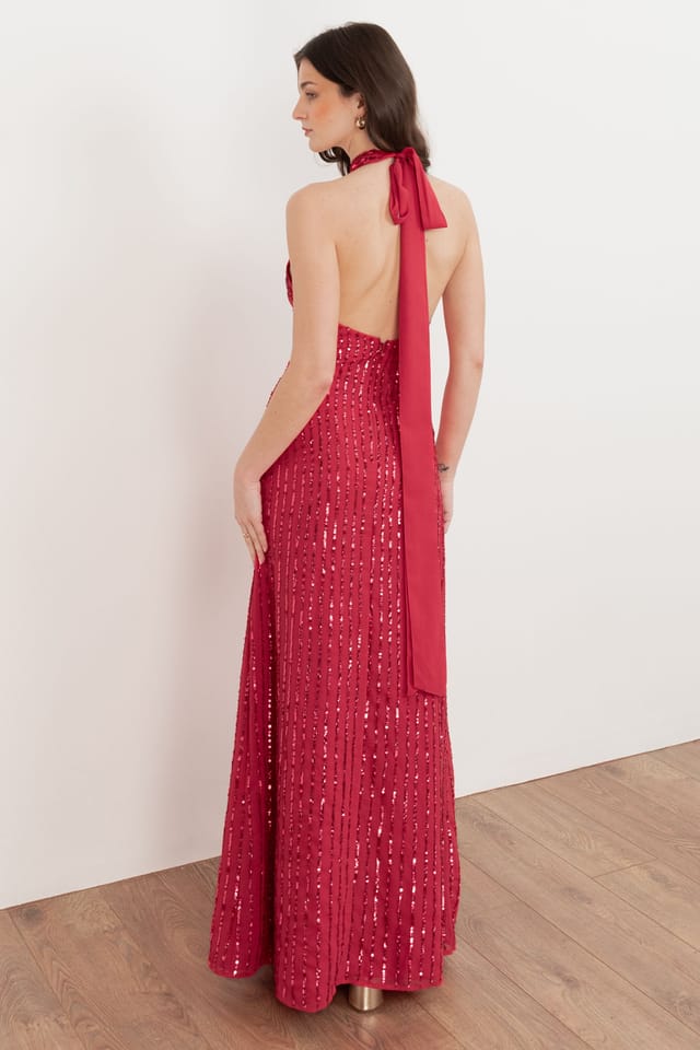 Maya Deluxe Maya Deluxe Women's Linear Embellishment Halter Neck Maxi Dress in Bright Pink - 2