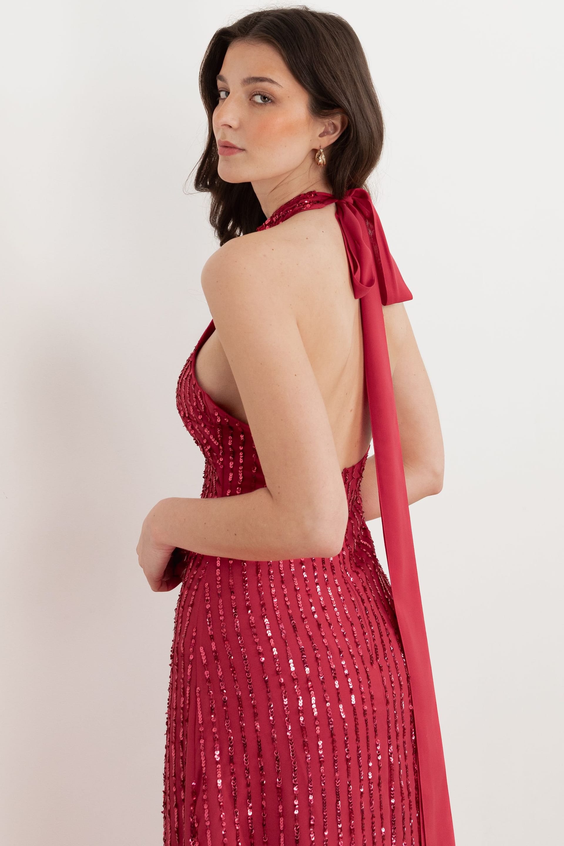 Maya Deluxe Maya Deluxe Women's Linear Embellishment Halter Neck Maxi Dress in Bright Pink - 4