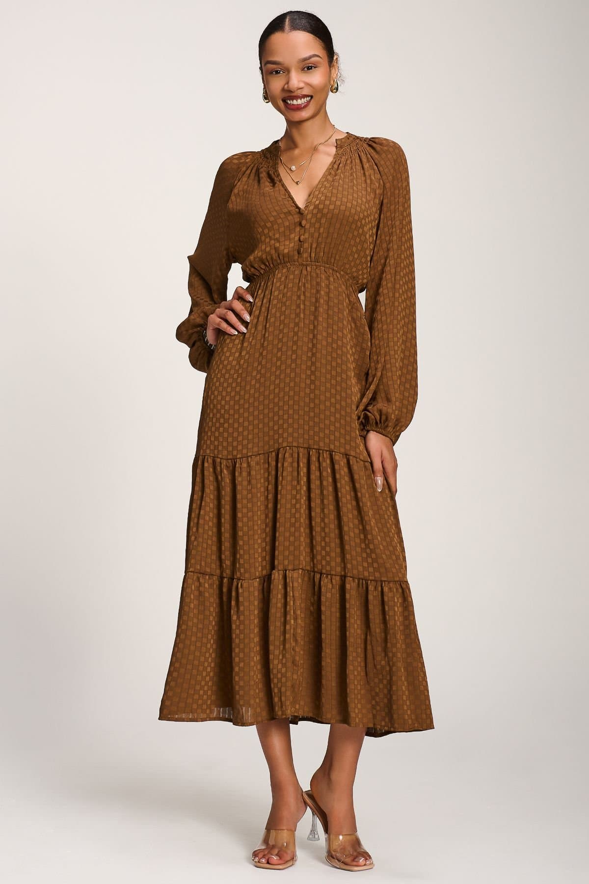 Jolie Moi Jolie Moi Women's Long Sleeve Textured Satin Maxi Dress in Brown
