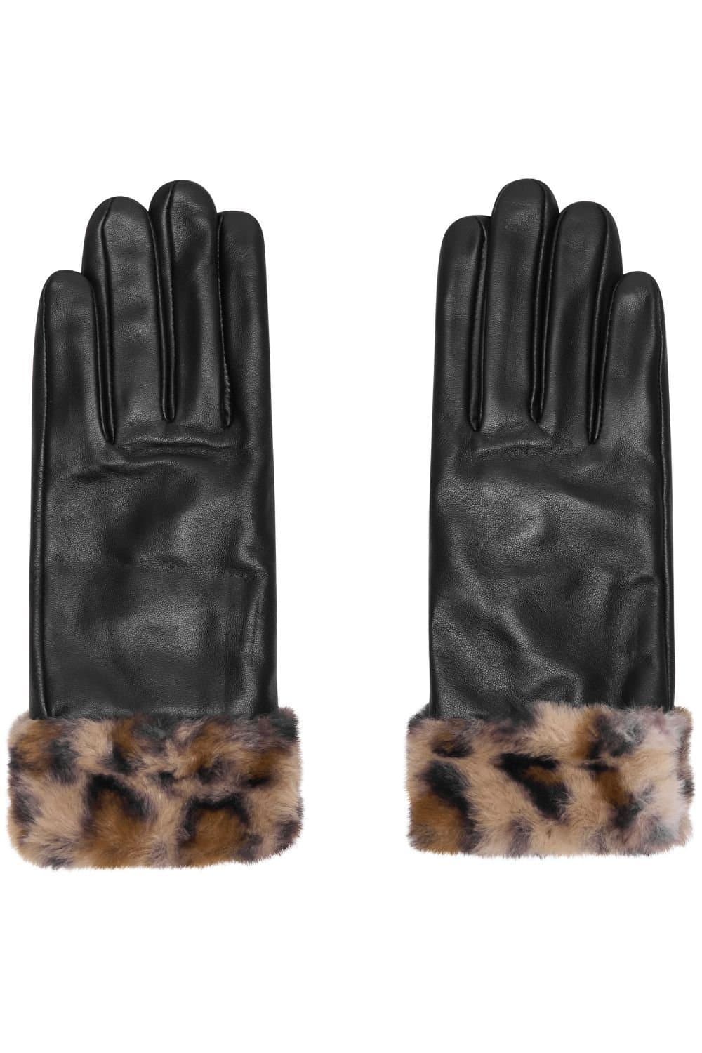 Barneys Originals Barneys Originals Black Leather Gloves with Leopard Fur Cuff
