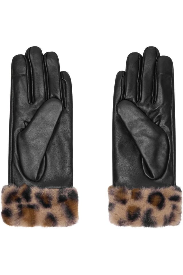 Barneys Originals Barneys Originals Women's Real Leather Glove With Leopard Faux Fur Cuff in Black - 2