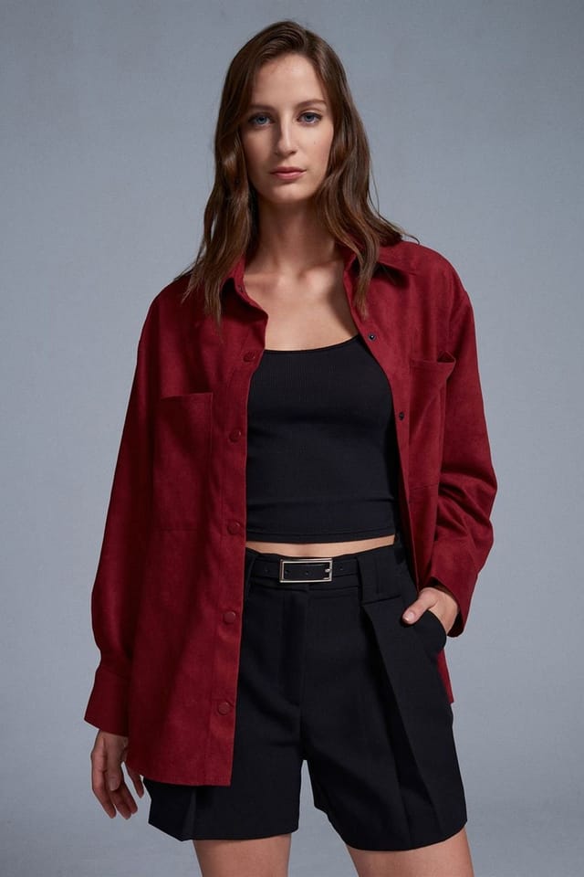 Dilvin Dilvin Women's Faux Suede Relaxed Shirt in Burgundy - 3