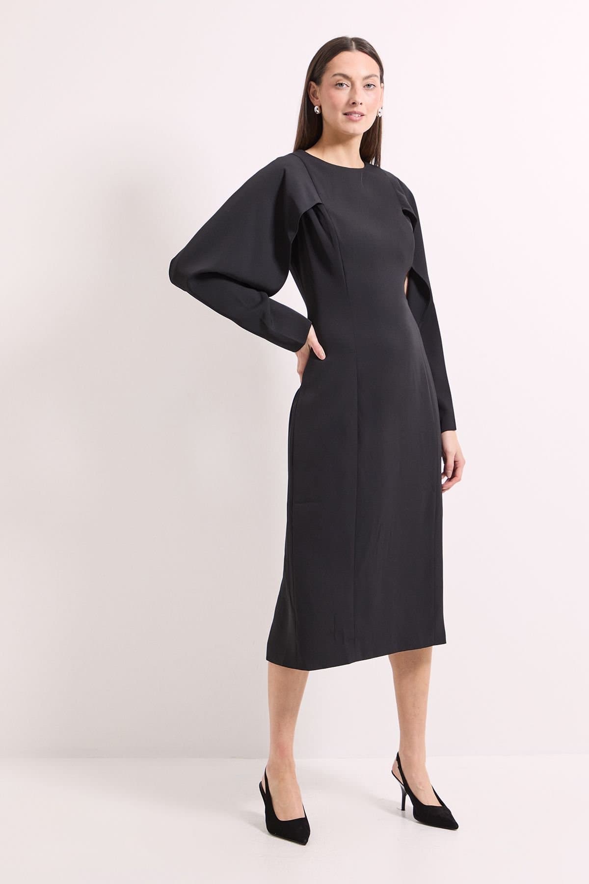 Principles Principles Women's Tailored Crepe Ruffle Sleeve Midi Dress in Black