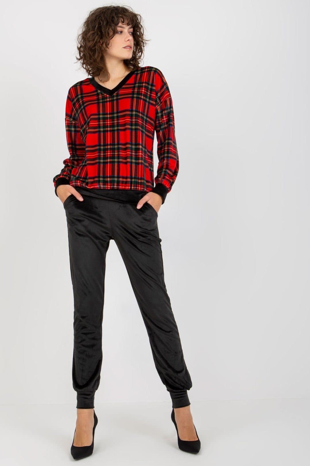 Love Lace Love Lace Women's Velour Checkered Blouse & Black Pants Set