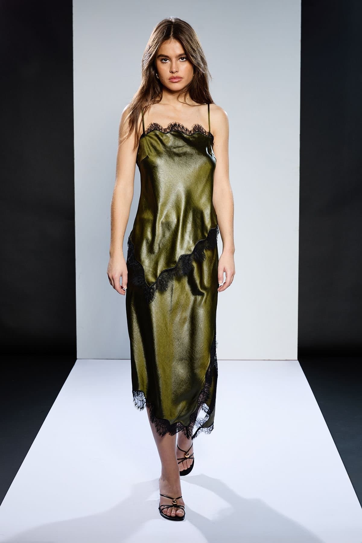 RUNWAY 1.8.1.8 RUNWAY 1.8.1.8 Women's Pu Satin Slip Skirt in Olive