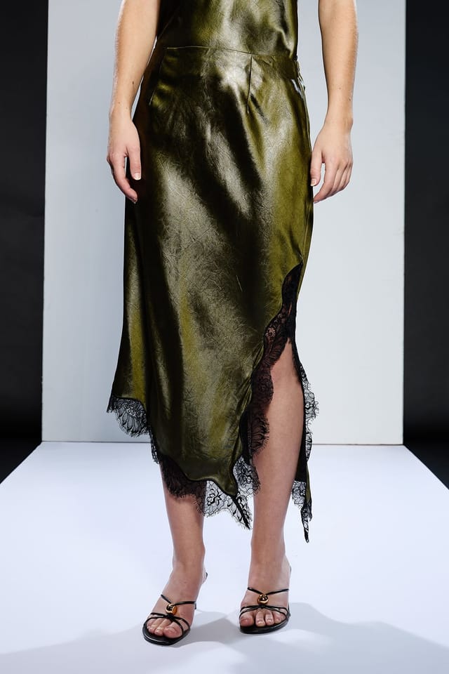 RUNWAY 1.8.1.8 RUNWAY 1.8.1.8 Women's Pu Satin Slip Skirt in Olive - 2
