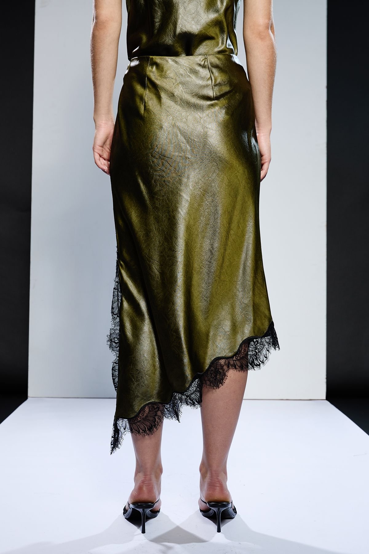 RUNWAY 1.8.1.8 RUNWAY 1.8.1.8 Women's Pu Satin Slip Skirt in Olive - 3
