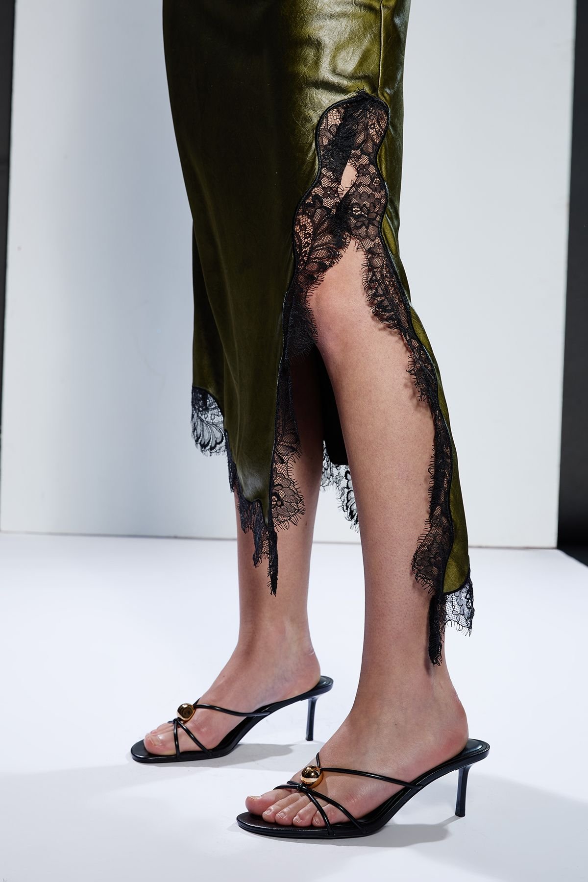 RUNWAY 1.8.1.8 RUNWAY 1.8.1.8 Women's Pu Satin Slip Skirt in Olive - 4