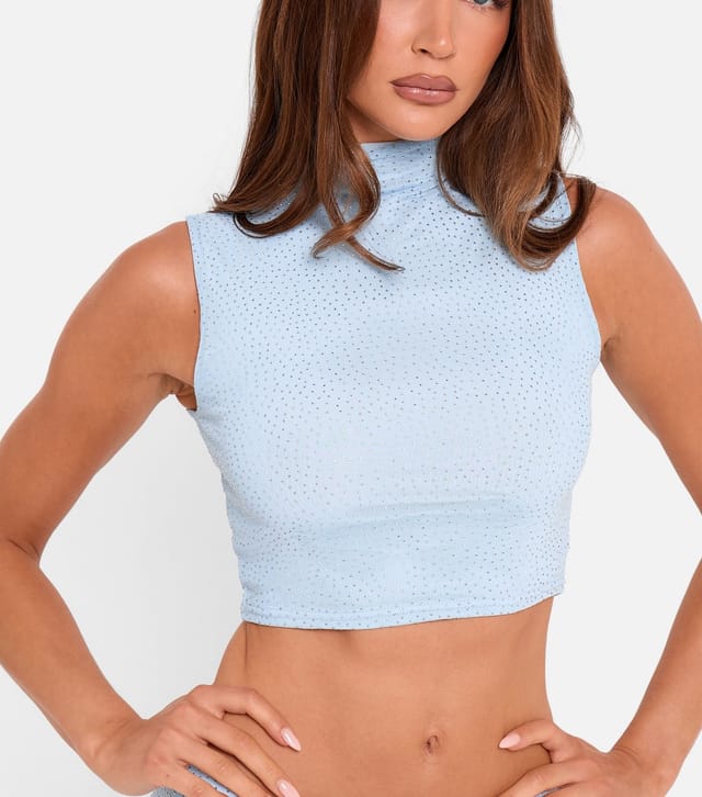 Public Desire Women's Light Blue High Neck Rhinestone Embellished Top Public Desire New Look - 2
