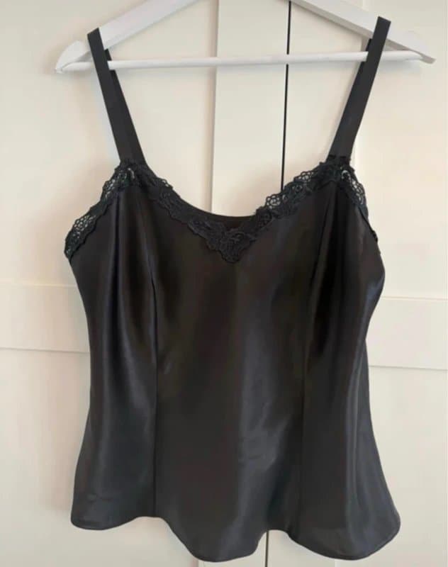 St Michael Vintage St Michael Marks & Spencer Black Satin Lace Cami Y2K Slip Top UK14
