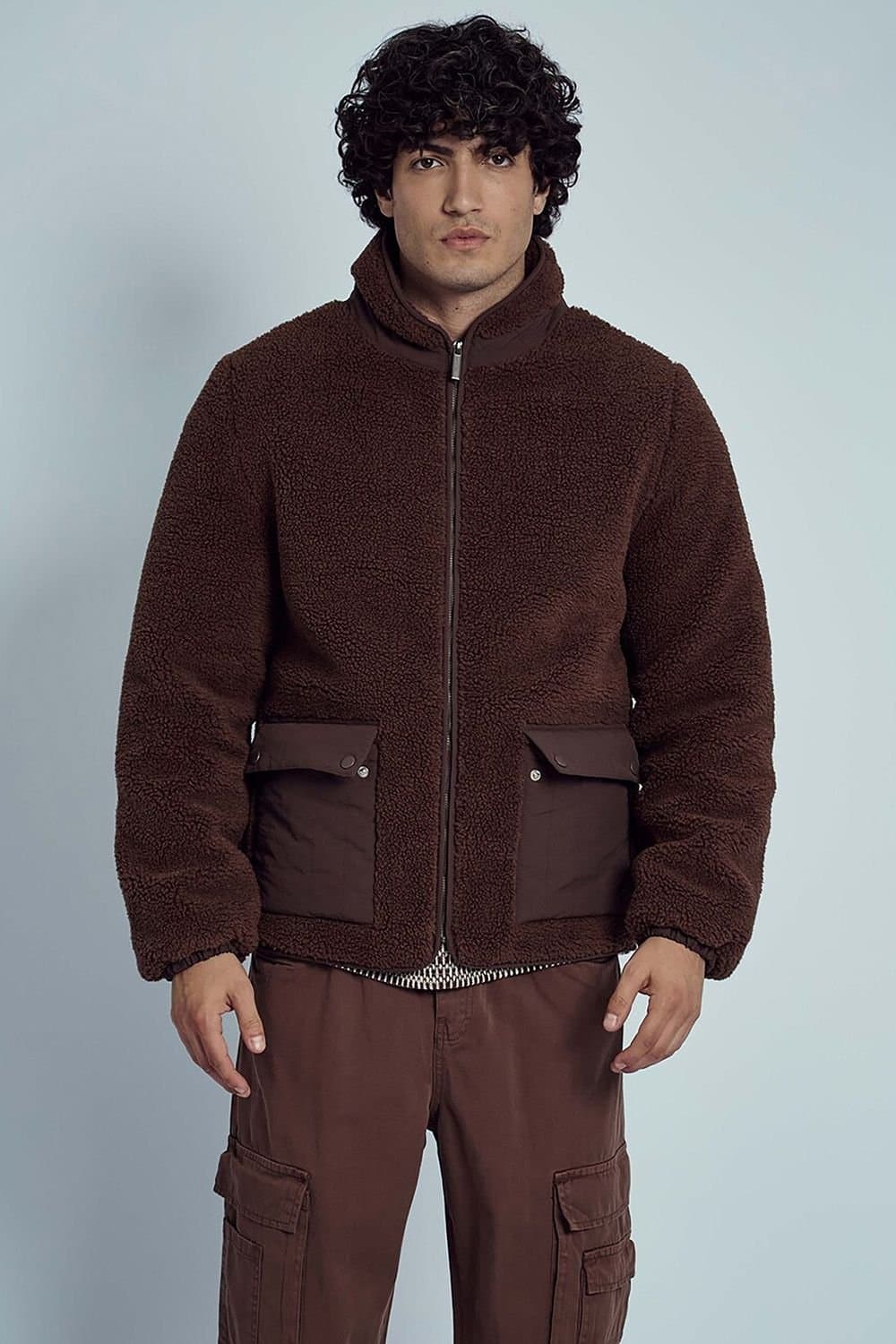 Native Youth Native Youth Men's Sherpa Borg Nylon Trim Pockets Zip Funnel Neck Jacket in Brown