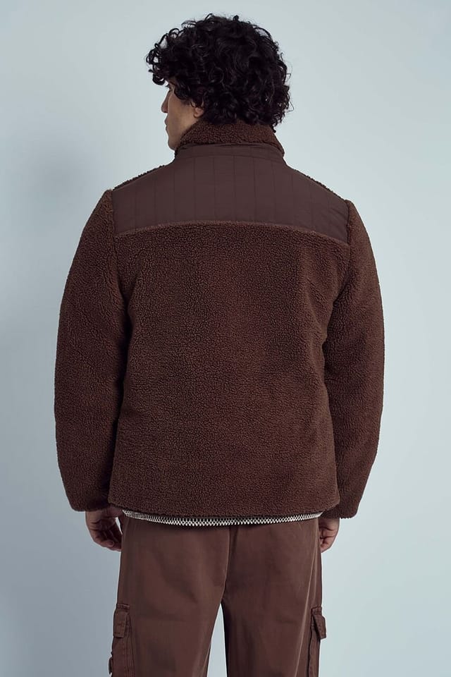 Native Youth Native Youth Men's Sherpa Borg Nylon Trim Pockets Zip Funnel Neck Jacket in Brown - 2