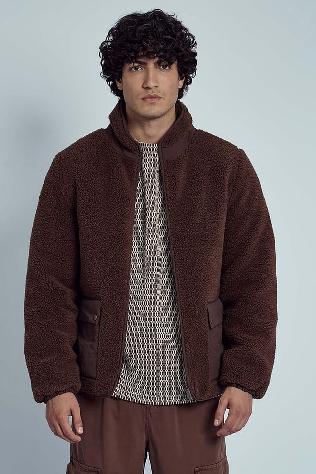 Native Youth Native Youth Men's Sherpa Borg Nylon Trim Pockets Zip Funnel Neck Jacket in Brown - 3