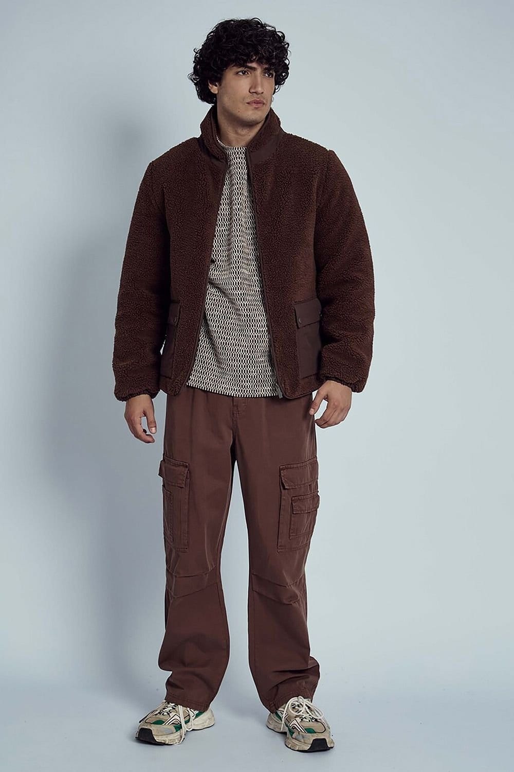 Native Youth Native Youth Men's Sherpa Borg Nylon Trim Pockets Zip Funnel Neck Jacket in Brown - 4