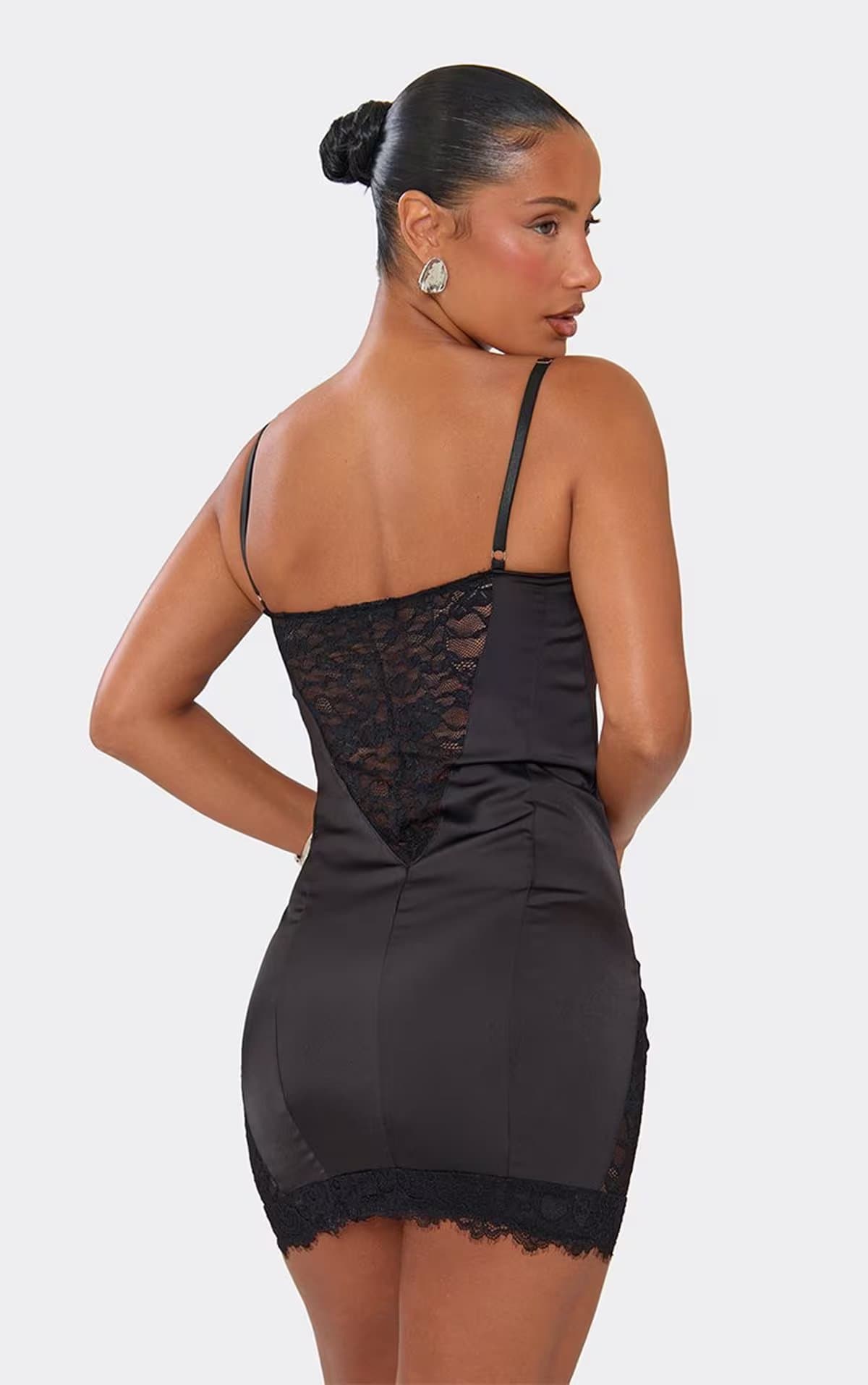 EGO Strappy Lace Back Detail Mini Dress In Black Satin, Women's Size UK 6